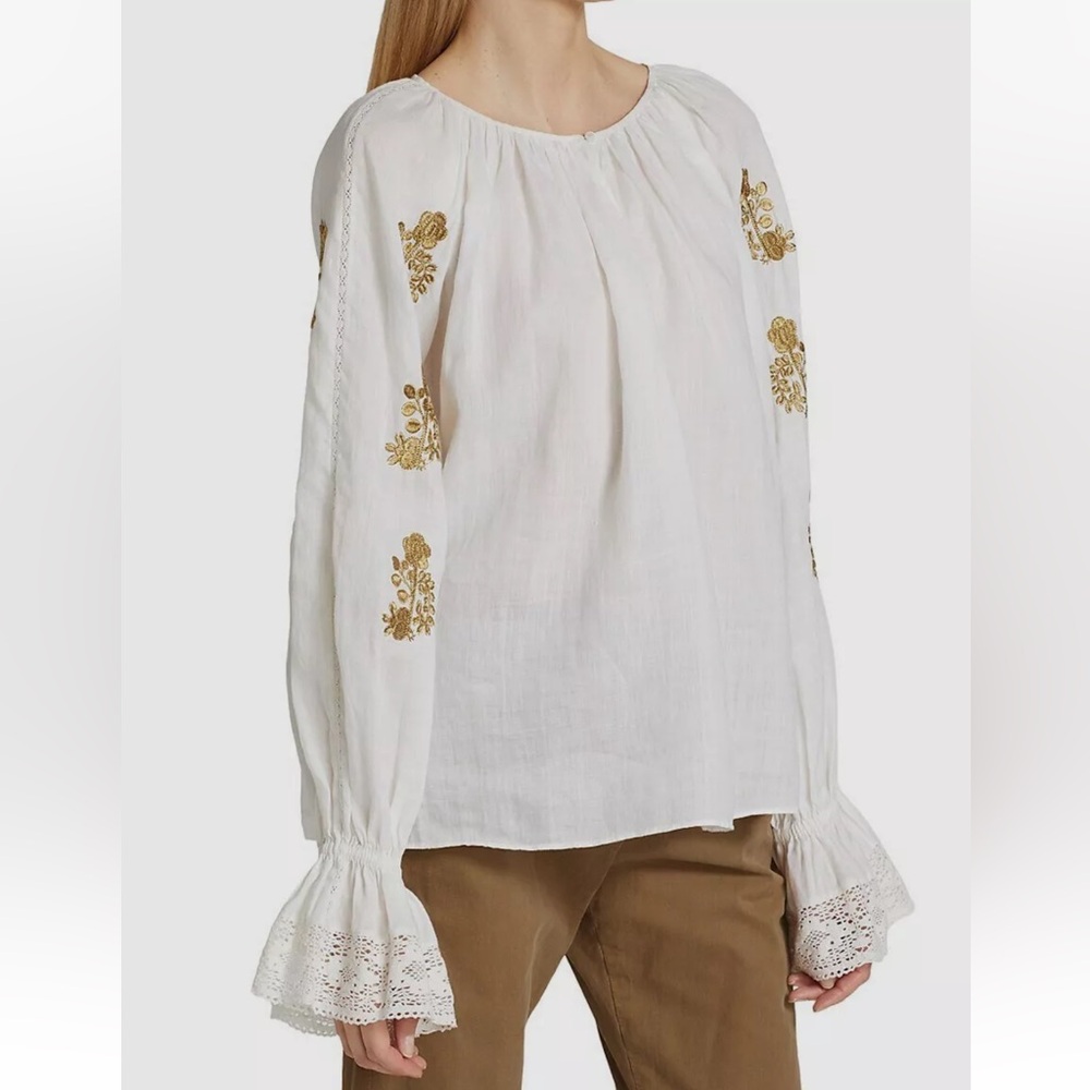 Nili Lotan Fleurine Gold Embroidered Blouse Sz XS